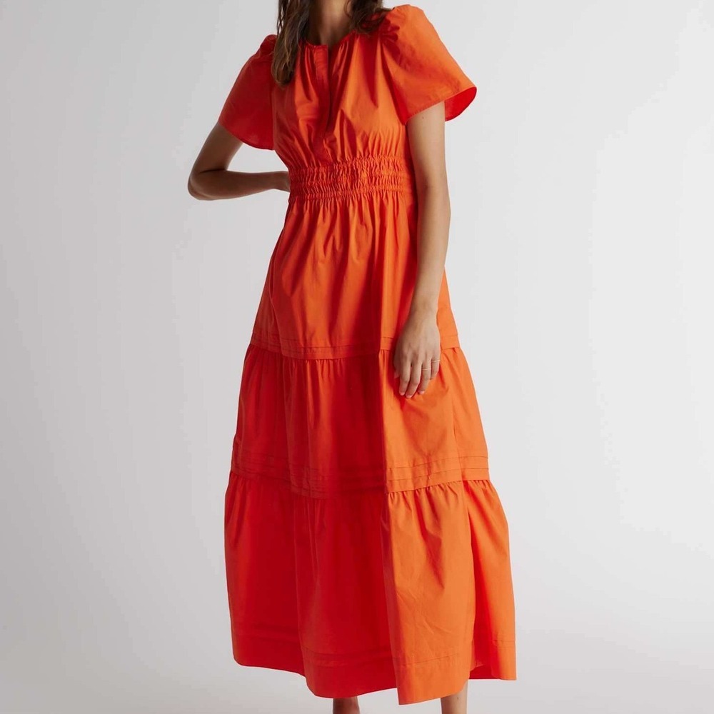 NEW Quince Vermillion Red 100% Organic Cotton Poplin Tiered Maxi Dress Small